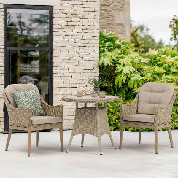 Bramblecrest Monterey Vogue 80cm Round Bistro Set with Deluxe Vogue Armchairs In Sandstone