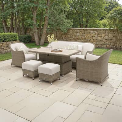 Bramblecrest Monte Carlo 3 Seat Lounge Sofa Set with Rect Piston Adj Dining Table 2 Sofa Armchairs And 2 Stools