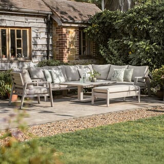 Bramblecrest Prague L Shape Corner Sofa with Piston Adjustable Rectangle Table Bench  Chair Latte