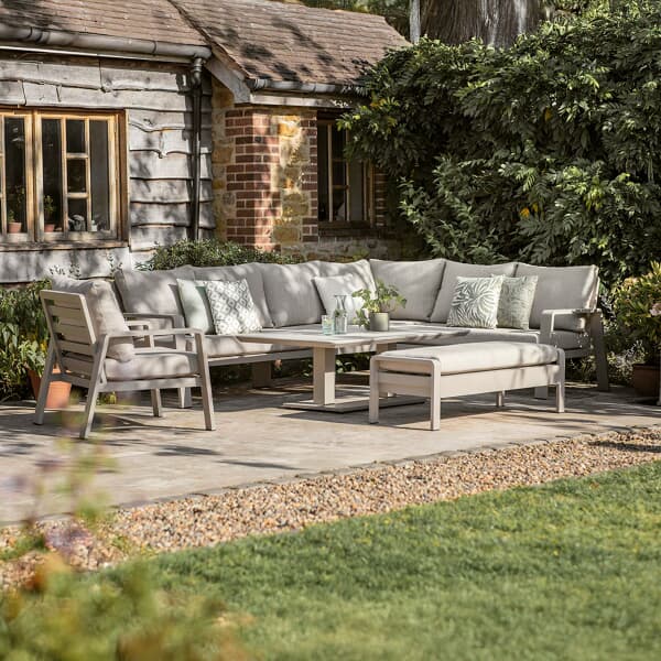 Bramblecrest Prague L Shape Corner Sofa with Piston Adjustable Rectangle Table Bench  Chair Latte
