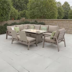 Bramblecrest Prague L Shape Corner Sofa with Rectangle Firepit Table Bench And Chair Latte