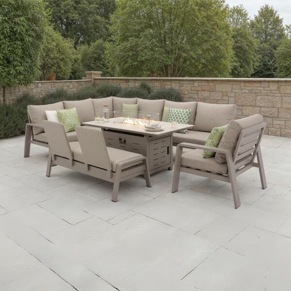 Bramblecrest Prague L Shape Corner Sofa with Rectangle Firepit Table Bench And Chair Latte