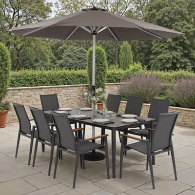 Bramblecrest Sofia 200 x 95cm Rectangle Table with 8 Stacking Armchairs Parasol And Base Anthracite