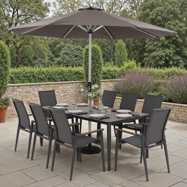 Bramblecrest Sofia 200 x 95cm Rectangle Table with 8 Stacking Armchairs Parasol And Base Anthracite