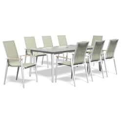 Bramblecrest Sofia 200 x 95cm Rectangle Table with 8 Stacking Armchairs Parasol And Base Green