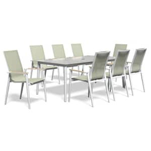 Bramblecrest Sofia 200 x 95cm Rectangle Table with 8 Stacking Armchairs Parasol And Base Green