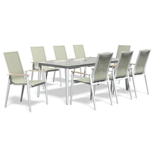 Bramblecrest Sofia 200 x 95cm Rectangle Table with 8 Stacking Armchairs Parasol And Base Green