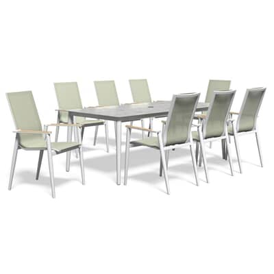 Bramblecrest Sofia 200 x 95cm Rectangle Table with 8 Stacking Armchairs Parasol And Base Green