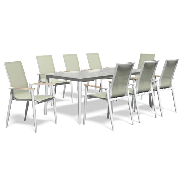 Bramblecrest Sofia 200 x 95cm Rectangle Table with 8 Stacking Armchairs Parasol And Base Green