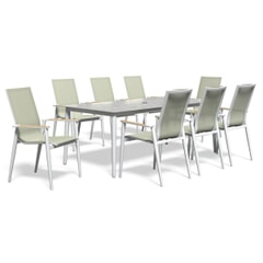 Bramblecrest Sofia 200 x 95cm Rectangle Table with 8 Stacking Armchairs Parasol And Base Green