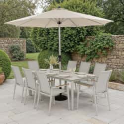 Bramblecrest Sofia 200 x 95cm Rectangle Table with 8 Stacking Armchairs Parasol And Base Grey
