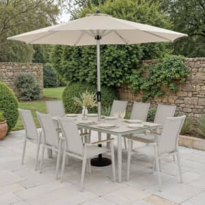 Bramblecrest Sofia 200 x 95cm Rectangle Table with 8 Stacking Armchairs Parasol And Base Grey