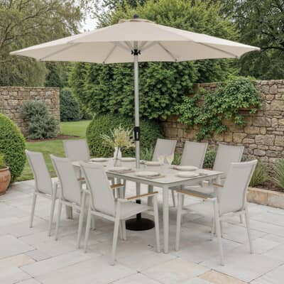 Bramblecrest Sofia 200 x 95cm Rectangle Table with 8 Stacking Armchairs Parasol And Base Grey