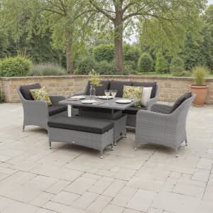 Bramblecrest Tetbury 3 Seat Sofa with Rectangle Adjustable Tree-Free Table 2 Chairs  Bench Graphite/Smoke