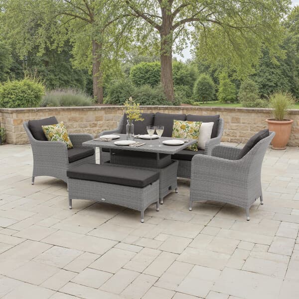 Bramblecrest Tetbury 3 Seat Sofa with Rectangle Adjustable Tree-Free Table 2 Chairs  Bench Graphite/Smoke