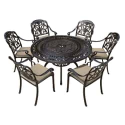 Bramblecrest Venice 136cm Round Dining Table with 6 Stacking Armchairs Parasol And Base In Bronze