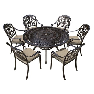 Bramblecrest Venice 136cm Round Dining Table with 6 Stacking Armchairs Parasol And Base In Bronze