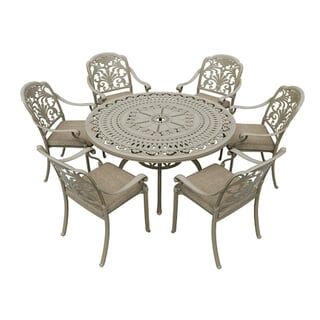 Bramblecrest Venice 136cm Round Dining Table with 6 Stacking Armchairs Parasol And Base In Stone