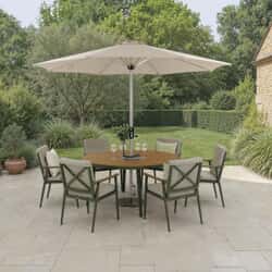 Bramblecrest RHS Wisley 140cm Round Dining Table 6 Armchairs Parasol And Base - Sage