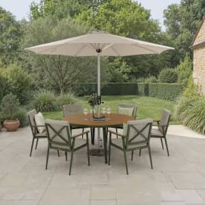 Bramblecrest RHS Wisley 140cm Round Dining Table 6 Armchairs Parasol And Base - Sage