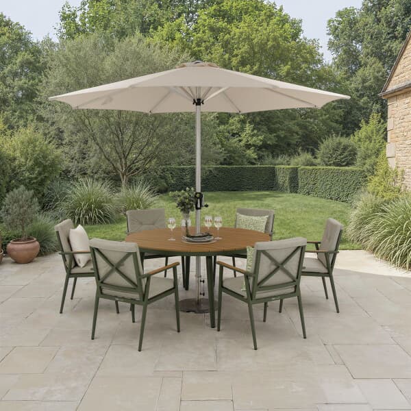 Bramblecrest RHS Wisley 140cm Round Dining Table 6 Armchairs Parasol And Base - Sage