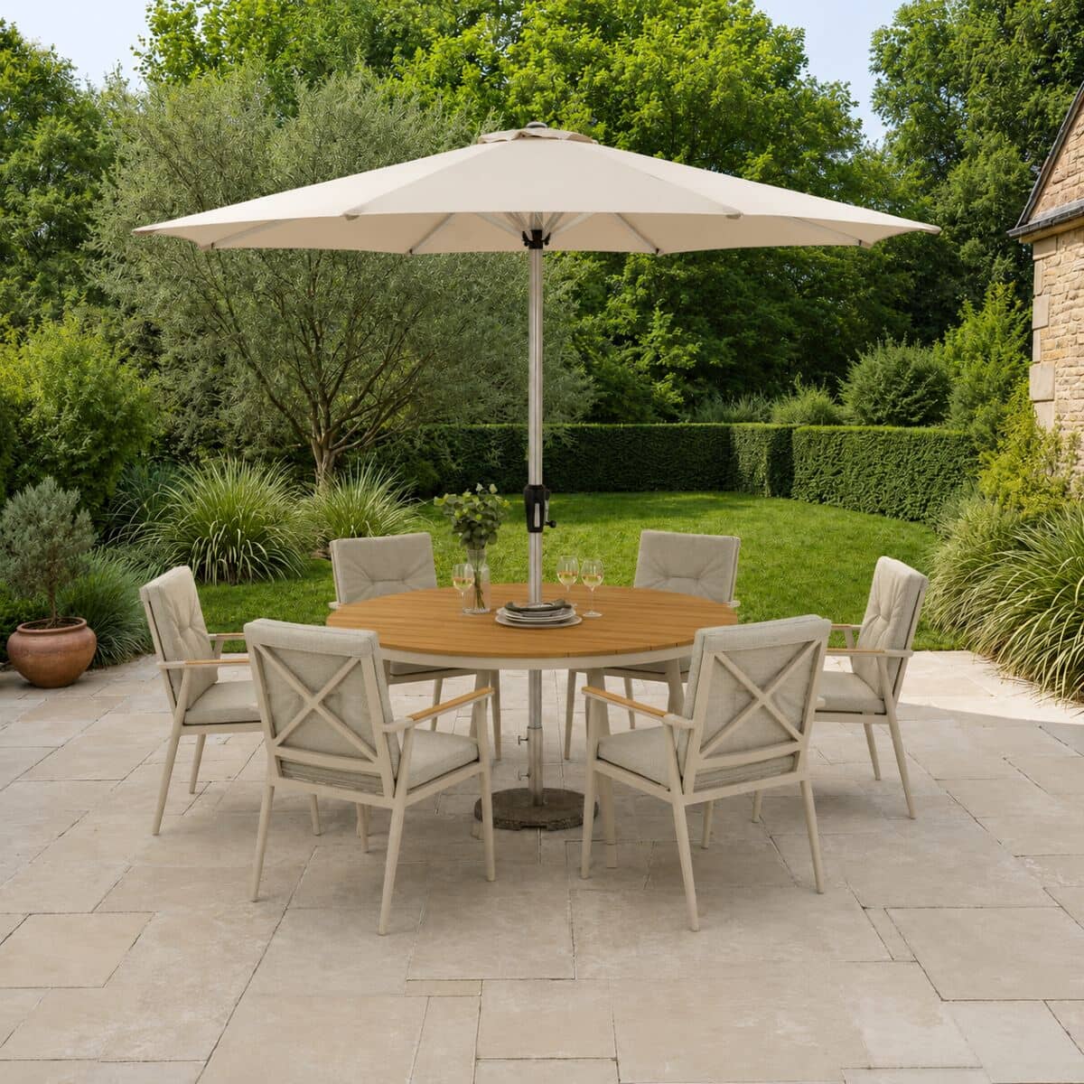 Bramblecrest RHS Wisley 140cm Round Dining Set With Table 6 Armchairs Parasol And Base - Mocha