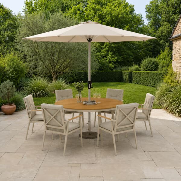 Bramblecrest RHS Wisley 140cm Round Dining Set With Table 6 Armchairs Parasol And Base - Mocha