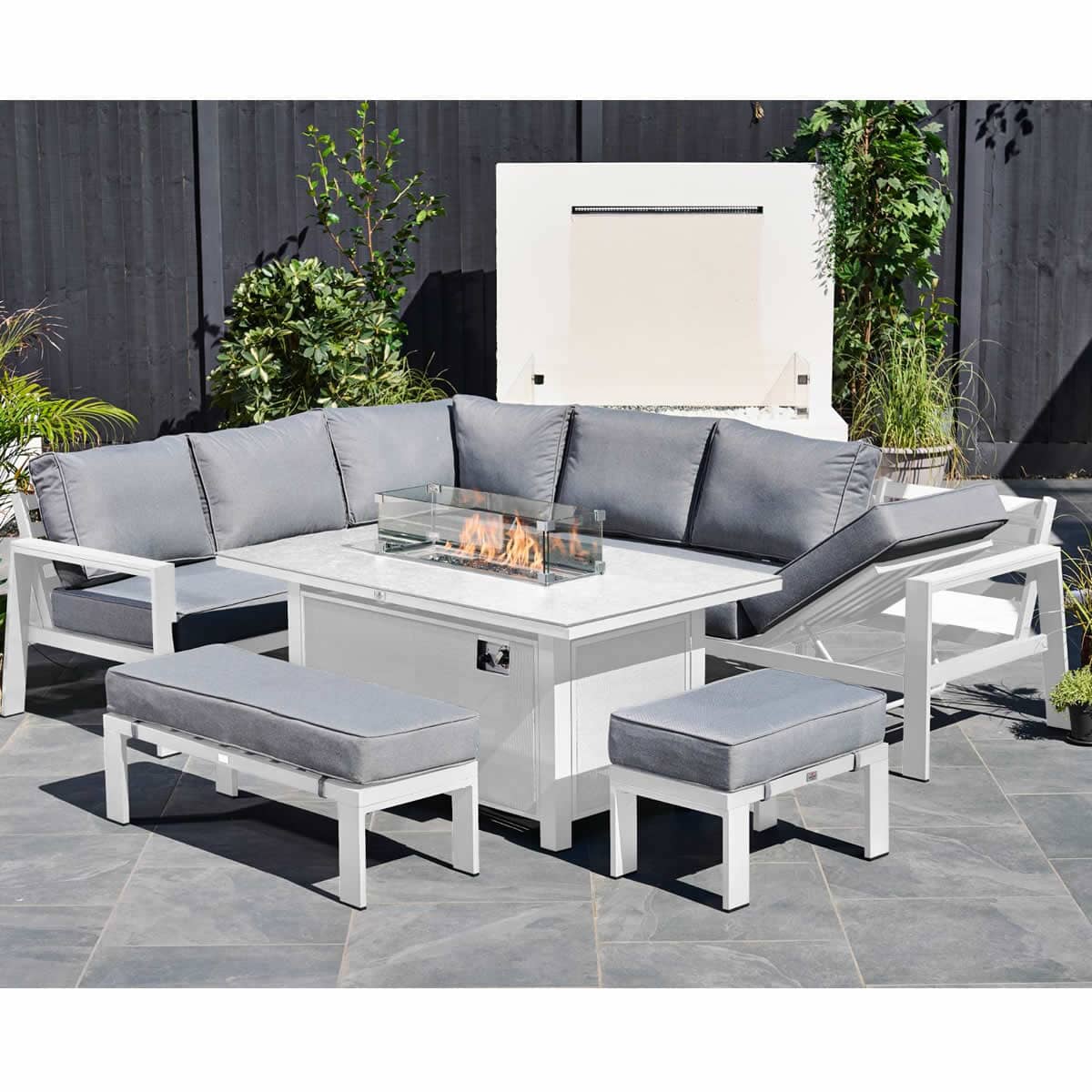 Supremo Melbury Corner Sofa Lounge Set with Reclining Chaise and Rectangular Firepit Table Sandstorm