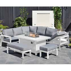 Supremo Melbury Corner Sofa Lounge Set with Reclining Chaise and Rectangular Firepit Table Taupe