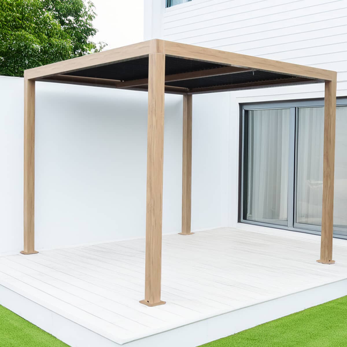 Supremo Leisure Belfort 3m x 4m Gazebo / Pergola with Curtains and LED - Wood Effect