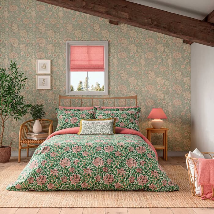 William Morris Honeysuckle in Evergreen and Coral large