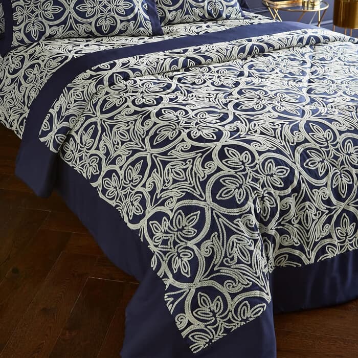 Catherine Lansfield Flock Trellis Navy Bedspread large