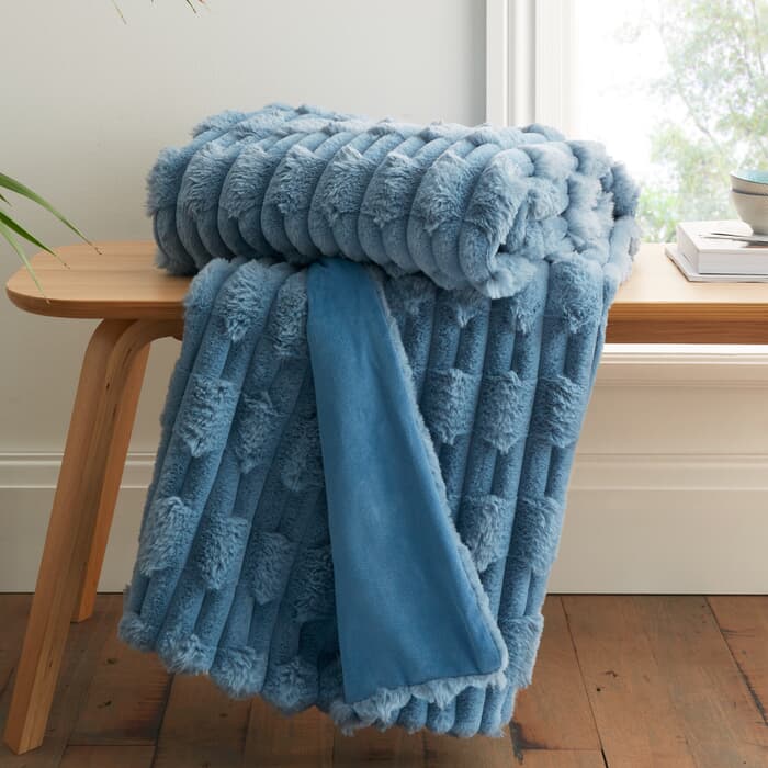 Bianca Carved Faux Fur Blue Throw large