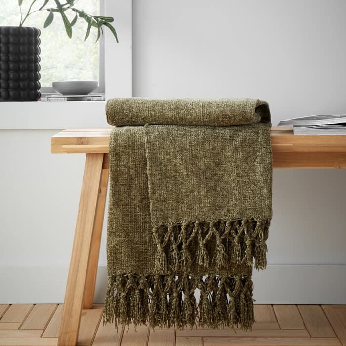 Catherine Lansfield Wilson Plain Chenille Throw Olive large