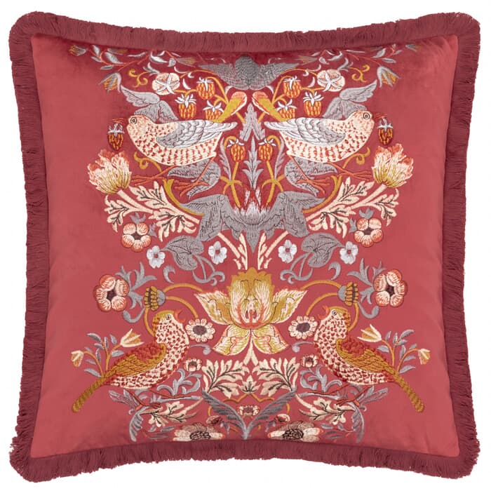 Morris and Co Strawberry Thief Embroidery Cushion Berry large