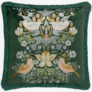 Strawberry Thief Embroidery Cushion Forest Green