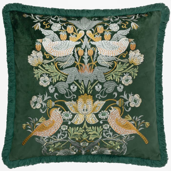 Morris and Co Strawberry Thief Embroidery Cushion Forest Green large