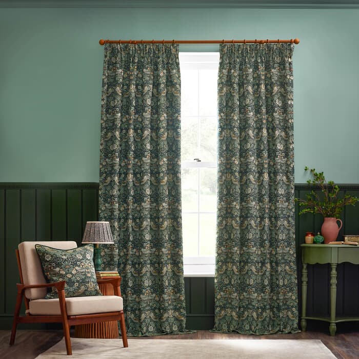 Morris and Co Strawberry Thief Jacquard Curtains Forest Green large