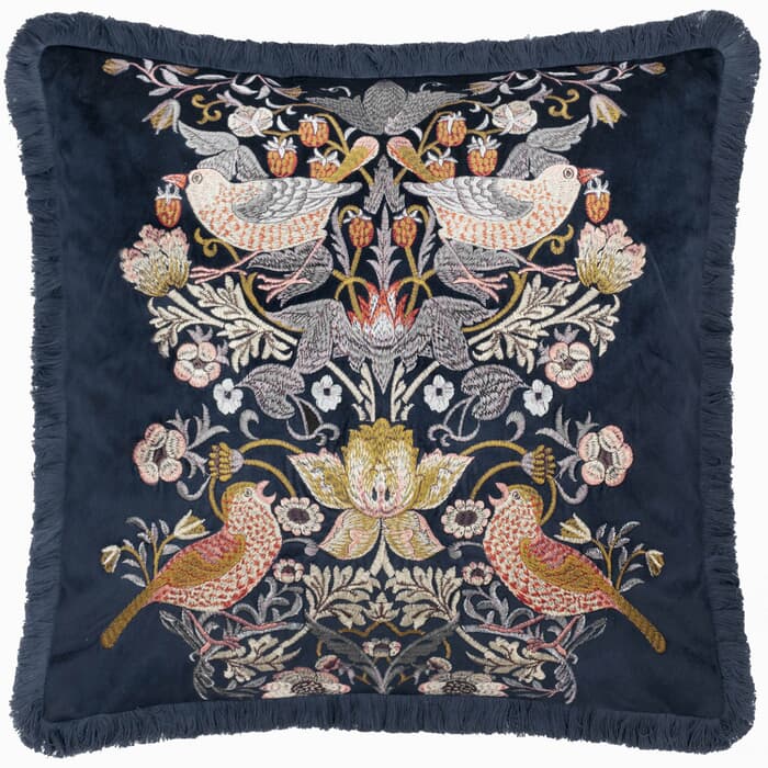 Morris and Co Strawberry Thief Embroidery Cushion Indigo large
